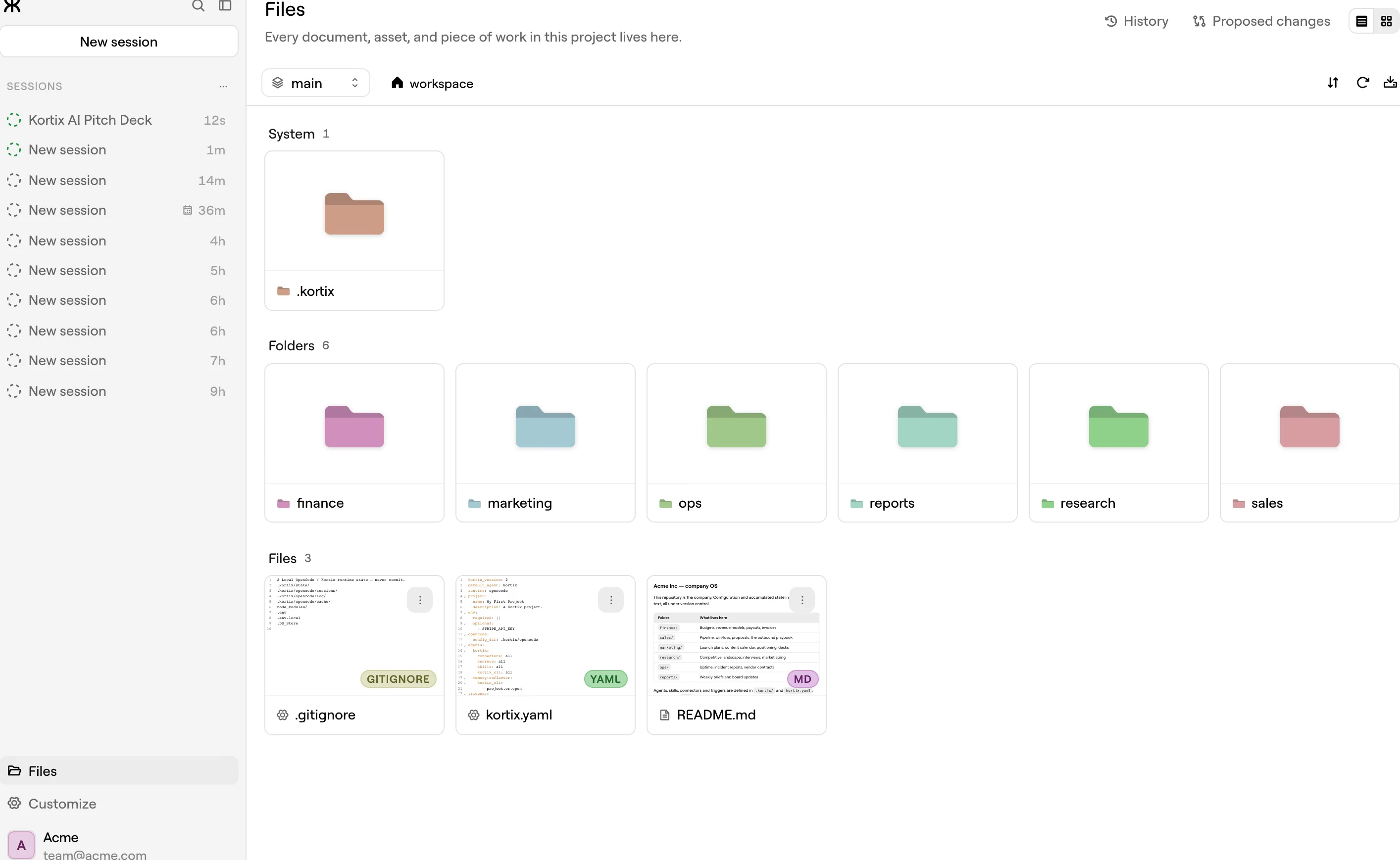 The Kortix app, Files view: a project's folders and files — the configuration living in the repo